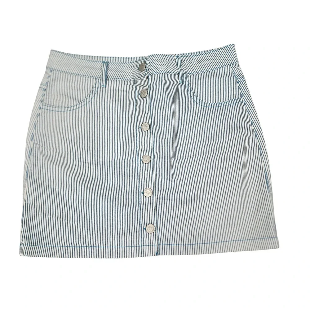 Milk Blues Teal & White Striped Denim Mini‎ Skirt Button Front Pockets Medium